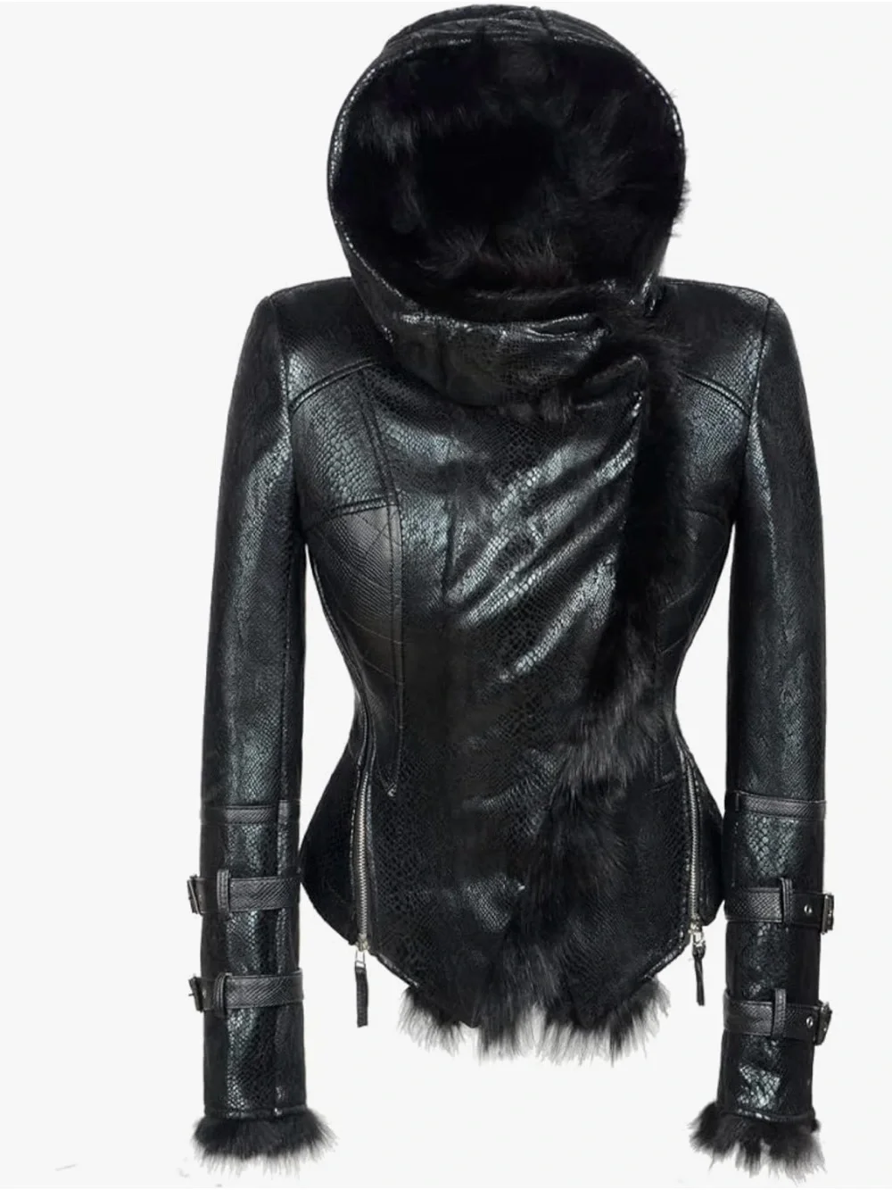 Women's Black Faux Leather Jacket with real Fox fur 💙